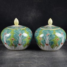 A pair Chinese Qing Qianlong Famille Rose Porcelain Cabbage Pattern Pot 6.3