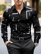 Camisa Negra de Hombre Estampada Camisas Elegantes Casuales Formales Manga Larga picture
