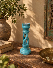 Turquoise Blue Wooden Candle Holder Handcrafted Twisted Carved Rustic Boho Decor picture