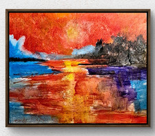 Original Abstract 16x20 Acrylic Sunset Pond Canvas Signed Warm Home Decor C069 picture