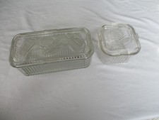 Vtg Federal Glass Ribbed SET Refrigerator Dish with Embossed Vegetable Set of 2 picture
