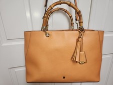 G.I.L.I. Large Camel Beige/Tan Leather Tote Bag Bamboo Handles Lk GG picture