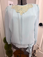 Women’s Epitome Petites Vintage 1980s Light Blue Lace Collar Blouse 14p picture