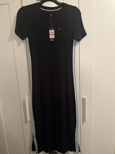 Tommy Jeans Women's Black Ribbed Cotton T-Shirt Maxi Dress XS Side Slit picture