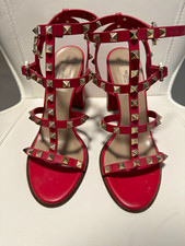 Valentino Garavani Red Leather Studded Strappy Open Toe 8.5 USA picture