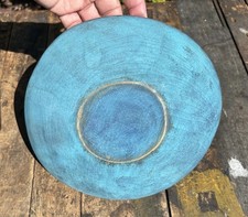 Antique Farmhouse 9” Diameter Oblong Dough Bowl Old Worn Primitive Blue Paint picture
