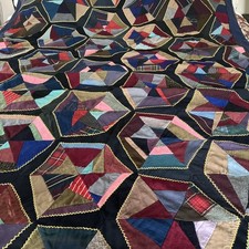 1900s Antique Crazy Quilt Handmade Embroidered Blanket Throw 64 x 75. Hexagons  picture