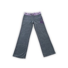 Justice Girls' Gray Velour Wide Leg Pants with Purple Leopard Waistband Size 14 picture