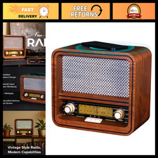 Vintage Wood Retro Radio - AM/FM Bluetooth, Wireless Charger & AUX Input - Mid C picture