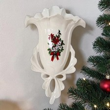 Vtg Handpainted Poinsettias Wall Pocket Handmade Pottery Signed 9.75