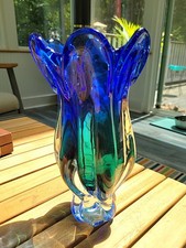 1999 ROYAL GALLERY POLAND CRYSTAL TULIP VASE - 9.25 in. - BLUE GREEN CLEAR picture