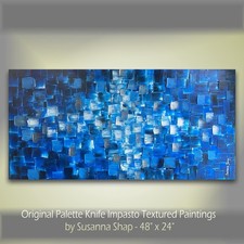 ORIGINAL Black Blue large abstract painting Textured Squares Geometric Art 48x24 picture