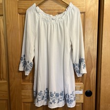 J. Jill Embroidery Tunic Peasant  Top White Blue M 3/4 Sleeves picture