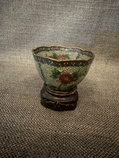 Vintage Chinese Plique A Jour Enamel Peacock Floral Bowl Wood Stand Translucent picture
