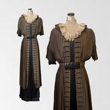 Antique 1910s Julius Garfinkle Paris Green Silk Tiered Gown Dress Pleating S picture