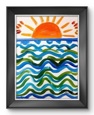 Neal Original Acrylic 11x14 Blue Folk Sunrise Ocean Waves Painting Signed Canvas picture