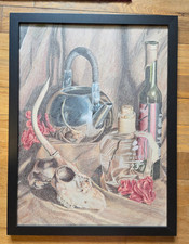 Original colored pencil drawing of western still life, signed, 18