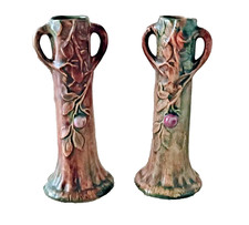 PAIR VINTAGE WELLER POTTERY WOODCRAFT APPLE TREE BUD VASES 7