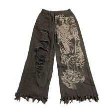 Romwe Wide Leg Graphic Jeans Womens 6 Black Angel Rose Distressed Grunge Alt picture