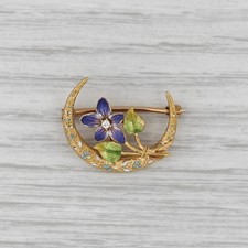 Vintage Crescent Moon Flower Brooch 14k Yellow Gold Enamel Diamond Floral Pin picture