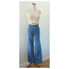 Vintage 70s High Waisted Denim Jeans - Boho Hippie Light Wash Flares - Small picture