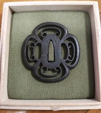 Antique Japanese Iron Sukashi Tsuba Karakusa Arabesque Design Edo Period WithBox picture
