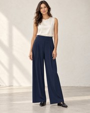 Athleta Womens Brooklyn Heights High Rise Pleated Navy Wide Leg Pant Size 10 picture
