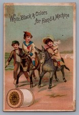 1800s Victorian Trade Card J & P Coats Thread Kids on Donkeys Ephemera 9807 picture