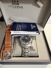 Festina F16169Blue Dial Quartz Chronograph Date 100m SS Bracelet + Leather Strap picture
