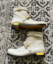 Chloé Women’s Gray Leather Ankle Bootie Buckle Straps Block Heel EU 39.5 picture