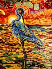 Shelby Makes Stuff Original 24x18 Impressionist Blue Heron Sunset Painting picture