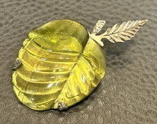RARE Vintage Molded Glass Green Apple Fruit Silver Tone Heavy Brooch Pin picture