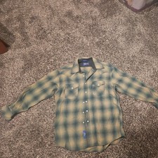 Pendleton Canyon Shirt Large Mens Western Beige and Green Plaid Wool Pearl Snap picture