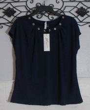 NY Collection Women's Top Size PM Short Sleeve Nacy Blue Round Neck picture