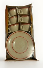 NOS VTG VANDEL RED STRIPE SET OF 6 ESPRESSO/DEMITASSE CUPS+SAUCERS MADE IN CHILE picture
