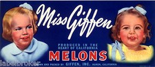ORIGINAL MISS GIFFIN CRATE LABEL VINTAGE MELON HURON CALIFORNIA 1940S TWO GIRLS picture