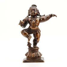 ANTIQUE 19thC SOUTH INDIAN HINDU BRONZE FIGURE OF DANCING NAVANITA KRISHNA picture