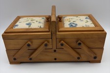 Vintage Two Tier Wood Accordian Sewing or Craft Caddy Box W/Floral Cushion Tops picture