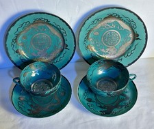 Antique Japanese Eiraku Porcelain Turquoise w Silver Dragon 6 Piece Meiji Period picture