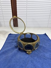 Vintage Hollywood Regency Gold Ormolu Beveled Glass Jewelry Casket Box Filigree picture