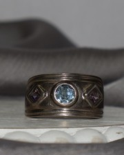 Vintage Sterling Silver Blue Topaz & Amethyst Ring 6.5G / Sz 9  picture