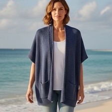 Athleta Blue Marl Open Front Cardigan Shawl Collar Pockets Coastal Grandma S/M picture