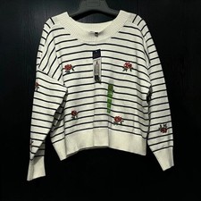 Joseph A. Striped Embroidered Crew Neck Sweater Women's L White Black Rose Knit picture