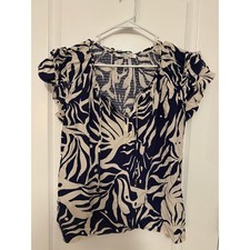 Rose + Olive Womens XL Navy White Tropical Leaf Print Ruffle Flutter Sleeve Top picture