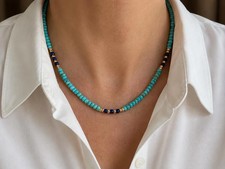 4mm Kingman Turquoise & Lapis Beaded Necklace, Gold or Silver, Gemstone Choker picture