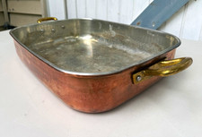 Vintage Ruffoni Copper Roasting Pan 14” x 11” x 3” Brass Handles Italy picture