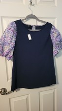 Talbots NWT Navy Knit & Purple Floral Puff Sleeve Mixed Media Top - Size Small picture