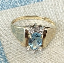 Vintage Tru-Kay 10K Yellow Gold Blue Topaz Diamond Accent Ring Size 6.5 Estate picture