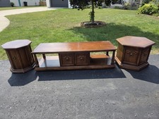 Vintage 3pc Wood Coffee End Table Set 62in Coffee 2 Octagon Ends picture