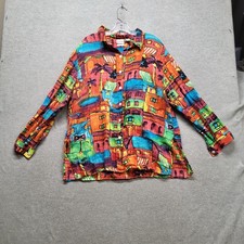 Chico's Women Button Up Shirt 3 Multicolor Linen Geometric Collared Lagenlook picture